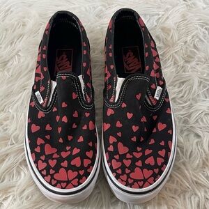 Vans Black and Pink Heart Slip-On Sneakers